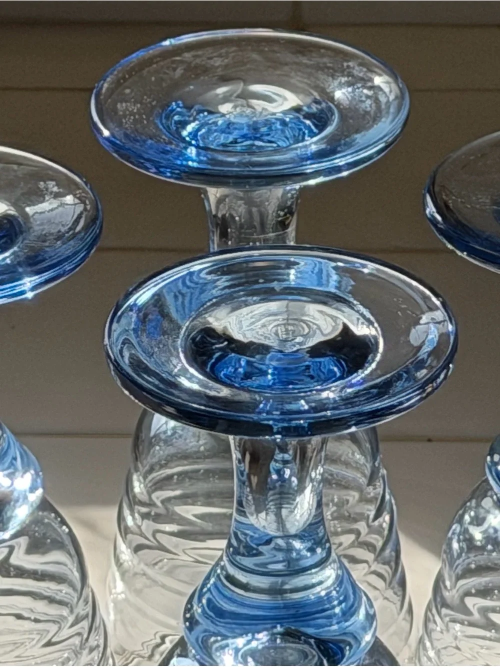 Set of Four, Vintage 90s Blue Ribbed Glass Goblets - Set of Decorative Glasses